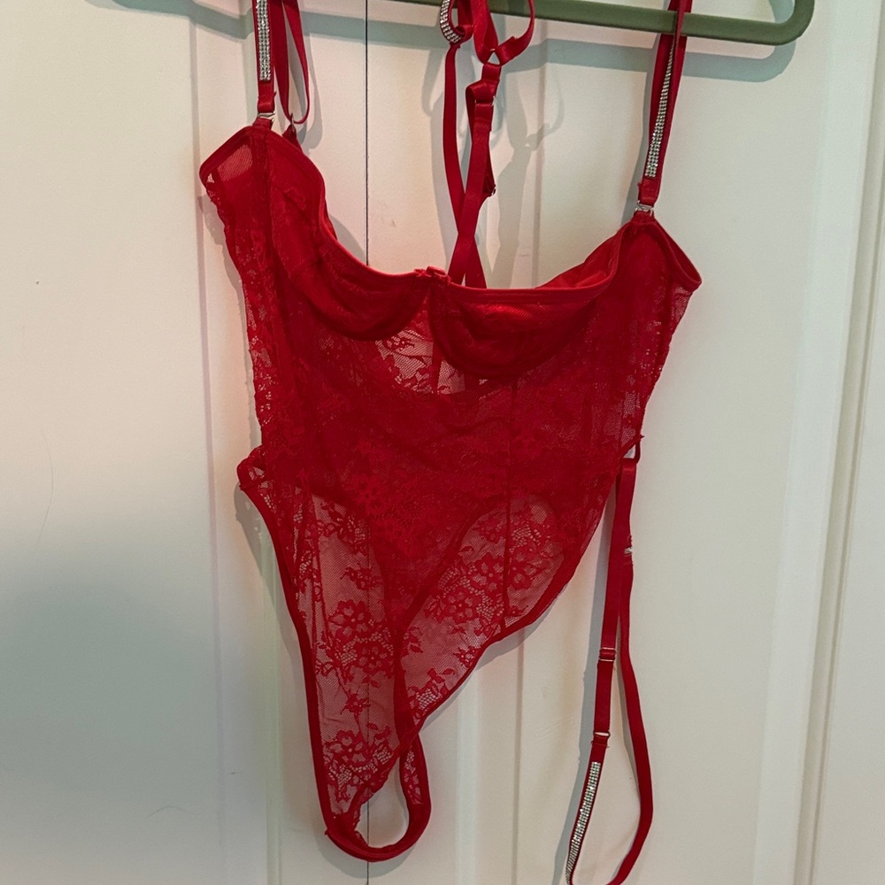 Red Lace Bodysuit with Strappy Details - Women Intimates
